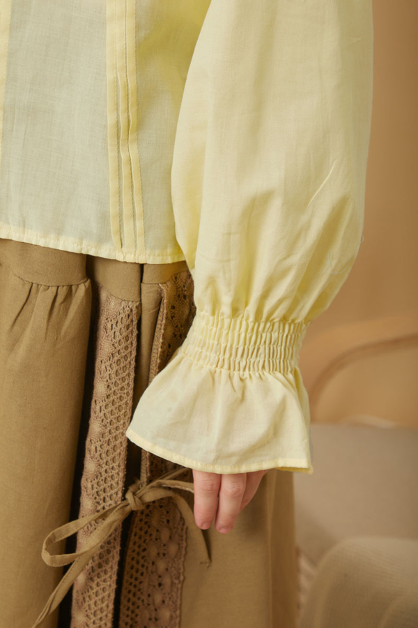 Tie-Neck Pleated Voile Blouse Butter Yellow - 8