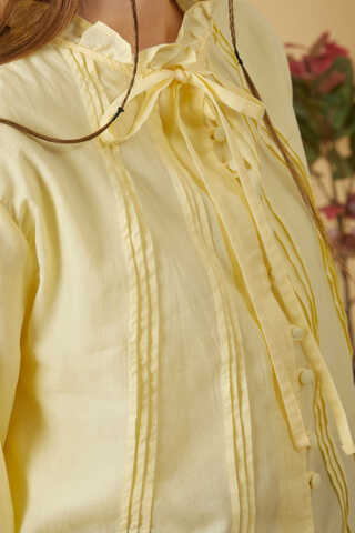 Tie-Neck Pleated Voile Blouse Butter Yellow - 9