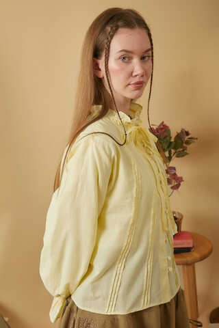 Tie-Neck Pleated Voile Blouse Butter Yellow - 10