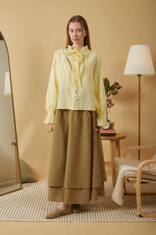 Tie-Neck Pleated Voile Blouse Butter Yellow - 1