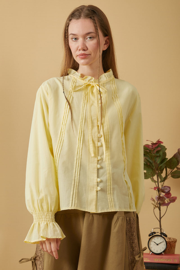 Tie-Neck Pleated Voile Blouse Butter Yellow - 2