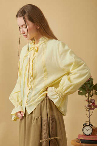 Tie-Neck Pleated Voile Blouse Butter Yellow - 4