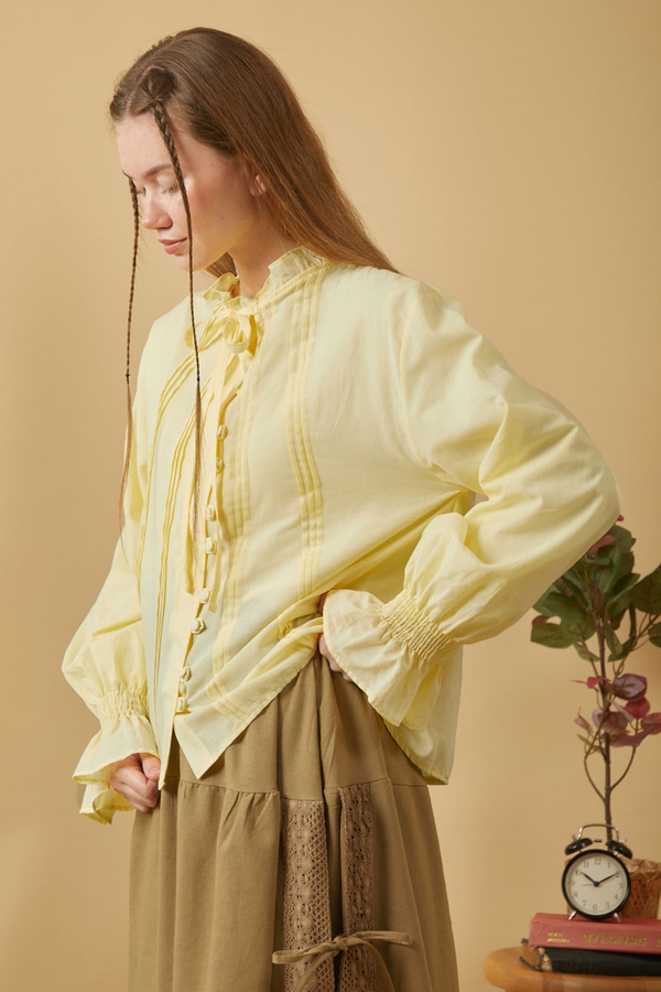 Tie-Neck Pleated Voile Blouse Butter Yellow - 4