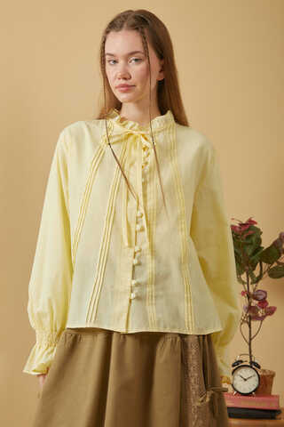 Tie-Neck Pleated Voile Blouse Butter Yellow - 5