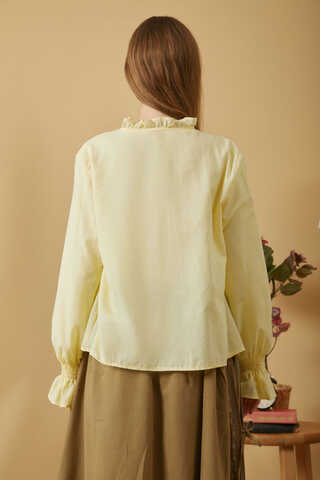 Tie-Neck Pleated Voile Blouse Butter Yellow - 7