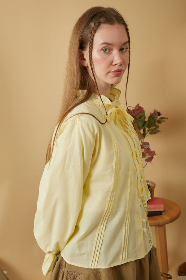 Tie-Neck Pleated Voile Blouse Butter Yellow - 10