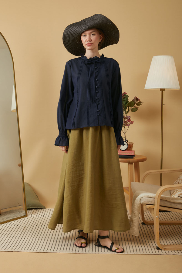 Tie-Neck Pleated Voile Blouse Navy Blue