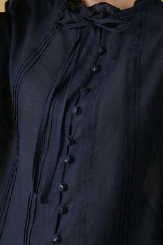 Tie-Neck Pleated Voile Blouse Navy Blue - 7