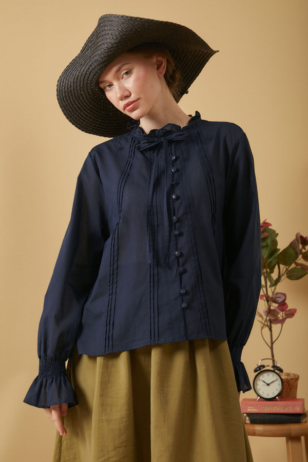 Tie-Neck Pleated Voile Blouse Navy Blue - 2