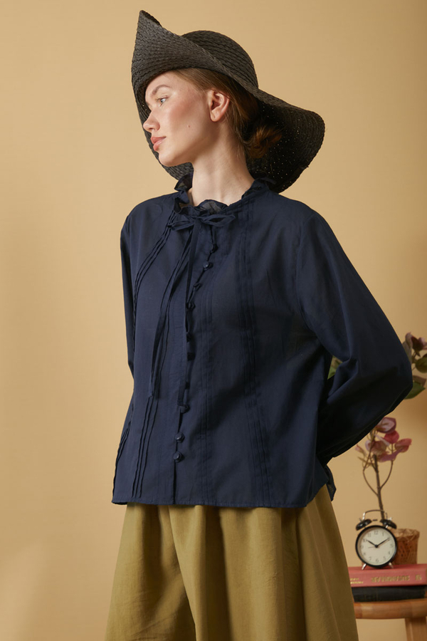 Tie-Neck Pleated Voile Blouse Navy Blue - 3
