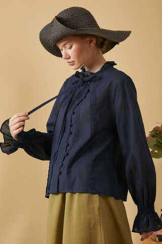 Tie-Neck Pleated Voile Blouse Navy Blue - 4