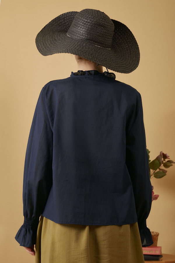 Tie-Neck Pleated Voile Blouse Navy Blue - 5