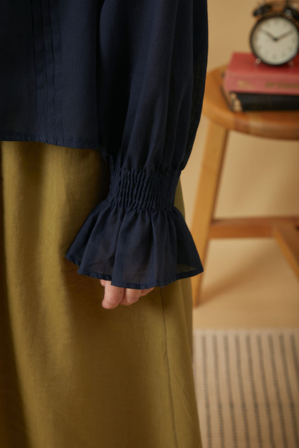 Tie-Neck Pleated Voile Blouse Navy Blue - 6