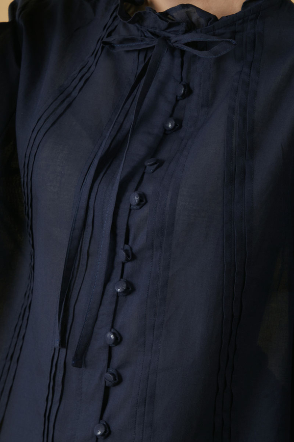 Tie-Neck Pleated Voile Blouse Navy Blue - 7