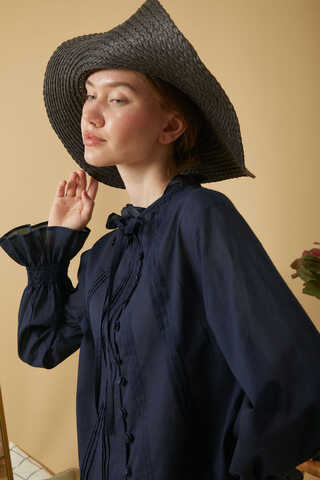 Tie-Neck Pleated Voile Blouse Navy Blue - 8