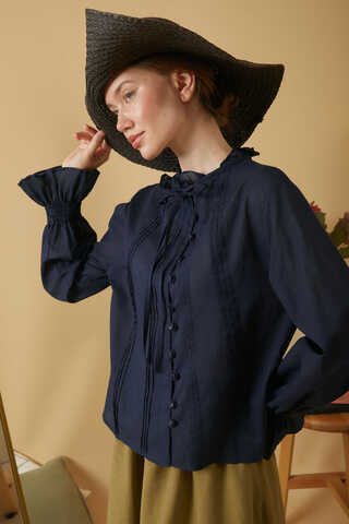 Tie-Neck Pleated Voile Blouse Navy Blue - 9