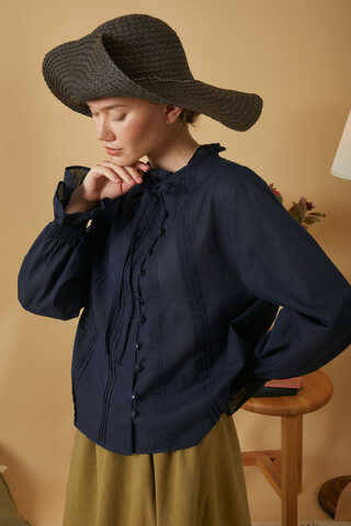 Tie-Neck Pleated Voile Blouse Navy Blue - 10