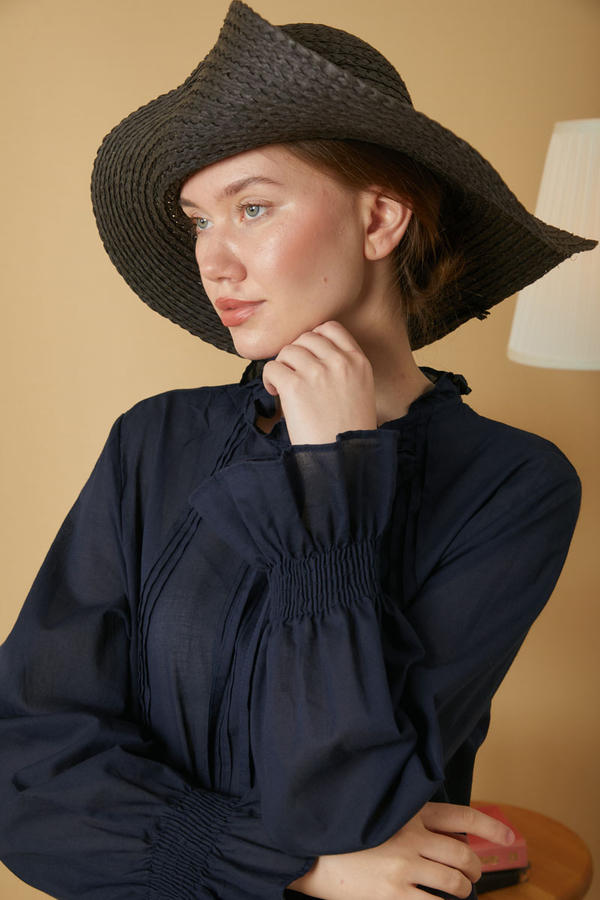 Tie-Neck Pleated Voile Blouse Navy Blue - 11