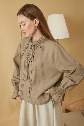 Tie-Neck Pleated Voile Blouse Stone - 2