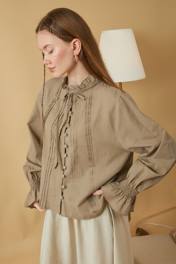 Tie-Neck Pleated Voile Blouse Stone - 2