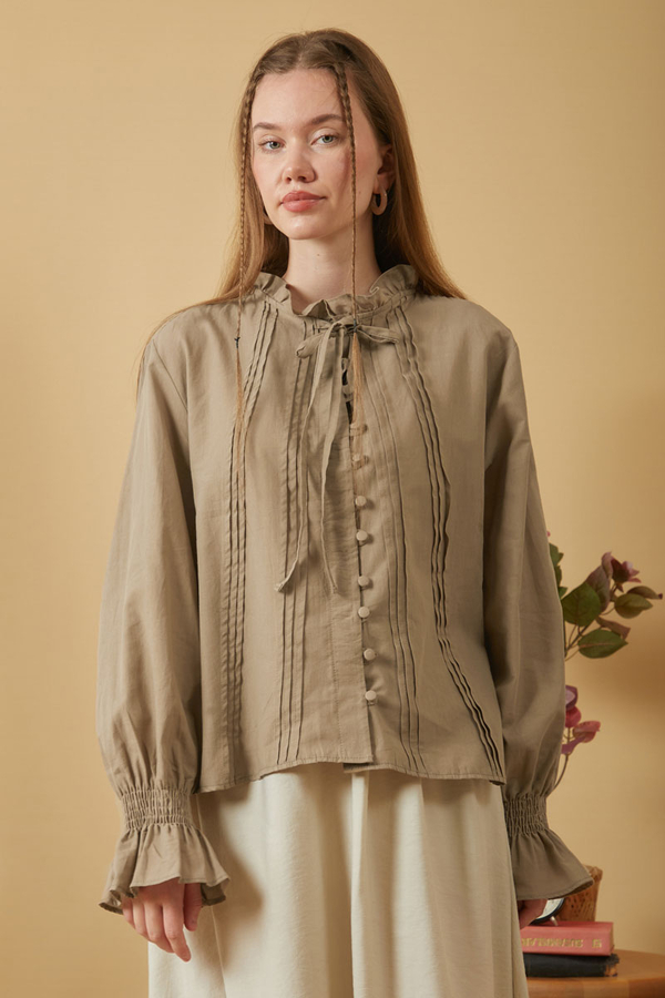 Tie-Neck Pleated Voile Blouse Stone - 1