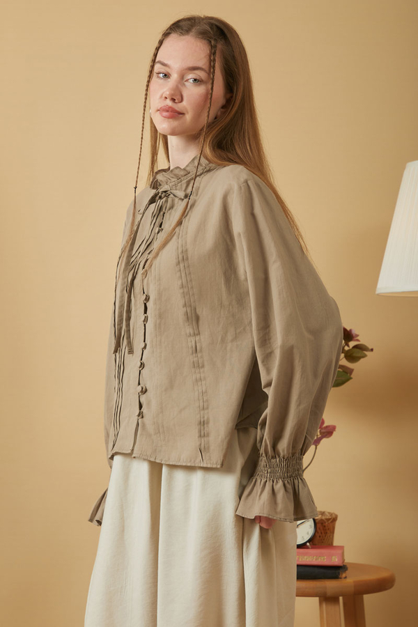 Tie-Neck Pleated Voile Blouse Stone - 4