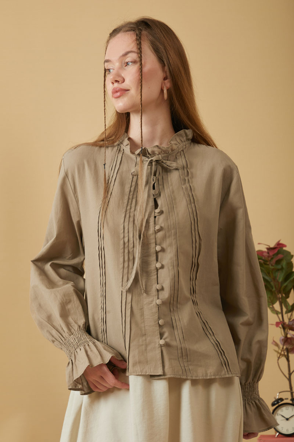 Tie-Neck Pleated Voile Blouse Stone - 6