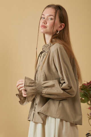 Tie-Neck Pleated Voile Blouse Stone - 9