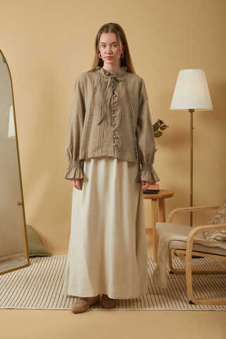 Tie-Neck Pleated Voile Blouse Stone - 3
