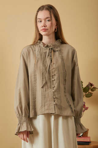 Tie-Neck Pleated Voile Blouse Stone - 1