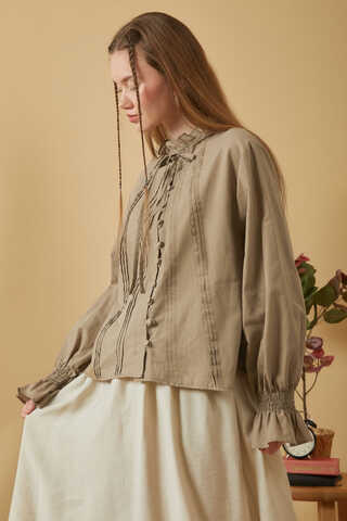 Tie-Neck Pleated Voile Blouse Stone - 5