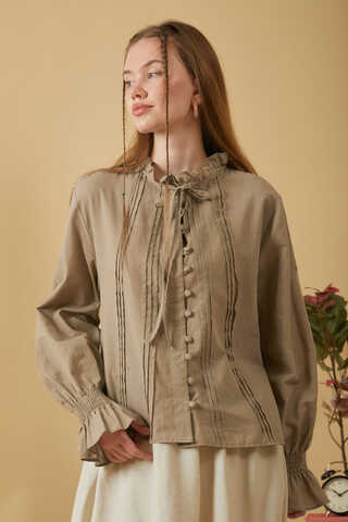 Tie-Neck Pleated Voile Blouse Stone - 6