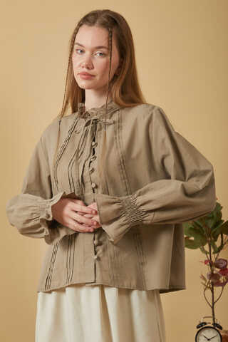 Tie-Neck Pleated Voile Blouse Stone - 7