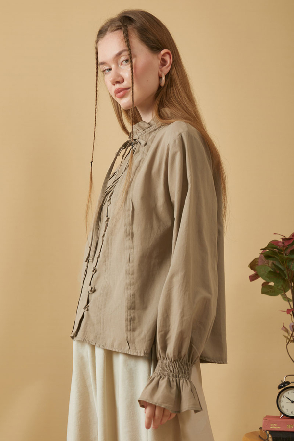 Tie-Neck Pleated Voile Blouse Stone - 8