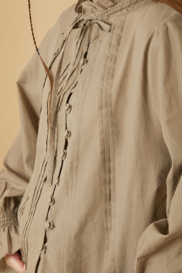 Tie-Neck Pleated Voile Blouse Stone - 12