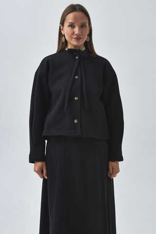 Tie Neck Short Jacket Black - 1