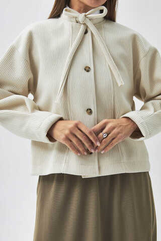 Tie Neck Short Jacket Ecru - 3