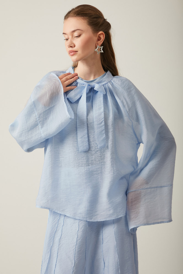 Tie Neck Skirt Set Baby Blue - 10