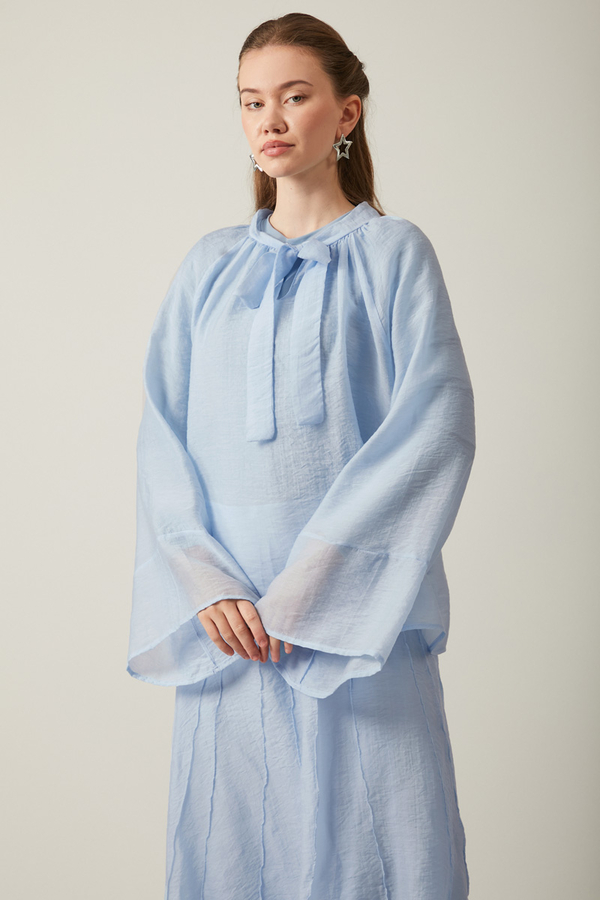 Tie Neck Skirt Set Baby Blue - 2