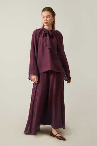 Tie Neck Skirt Set Burgundy - 3