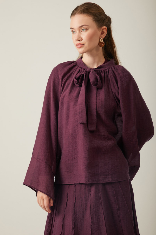 Tie Neck Skirt Set Burgundy - 1