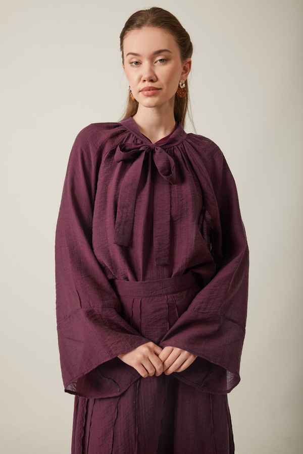 Tie Neck Skirt Set Burgundy - 9