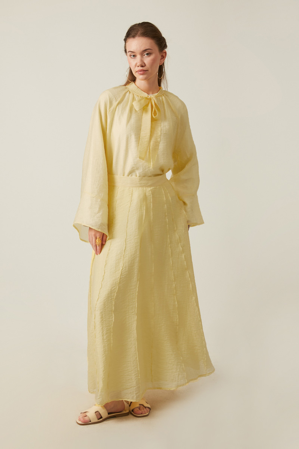 Tie Neck Skirt Set Butter Yellow - 5