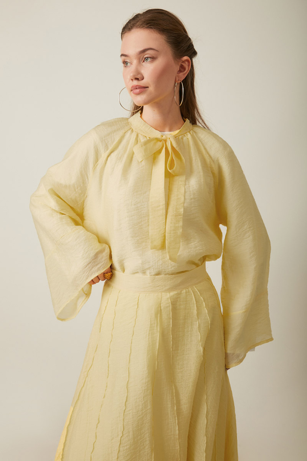 Tie Neck Skirt Set Butter Yellow - 11