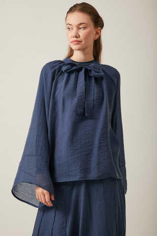 Tie Neck Skirt Set Navy Blue - 3