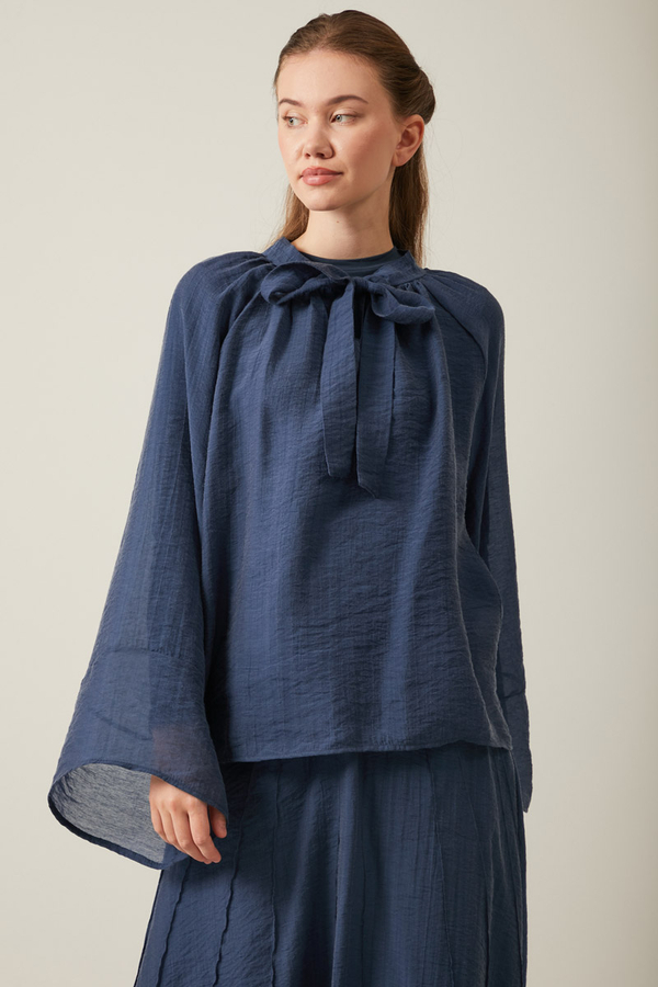 Tie Neck Skirt Set Navy Blue - 3