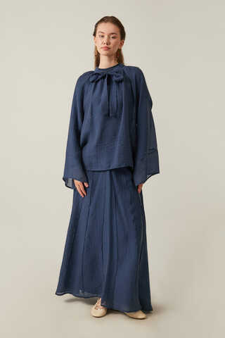 Tie Neck Skirt Set Navy Blue - 1