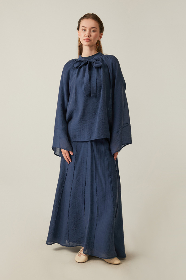 Tie Neck Skirt Set Navy Blue - 1