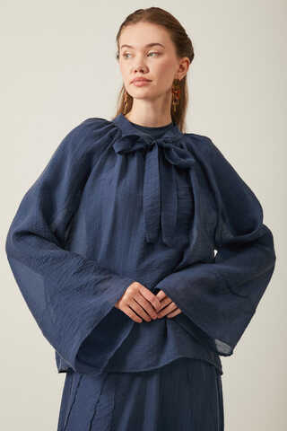 Tie Neck Skirt Set Navy Blue - 6