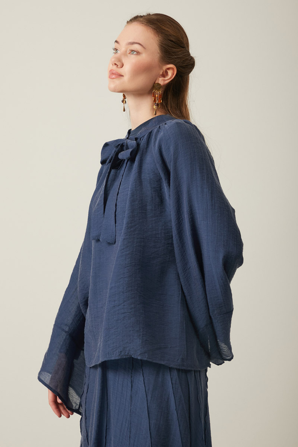 Tie Neck Skirt Set Navy Blue - 7